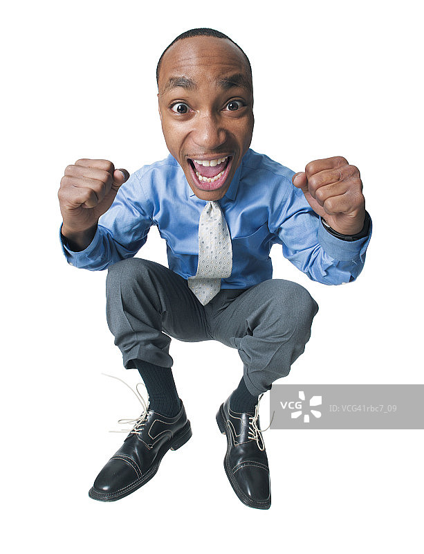 蓝衬衫非裔美国商人跳跃欢笑漫画照片图片素材