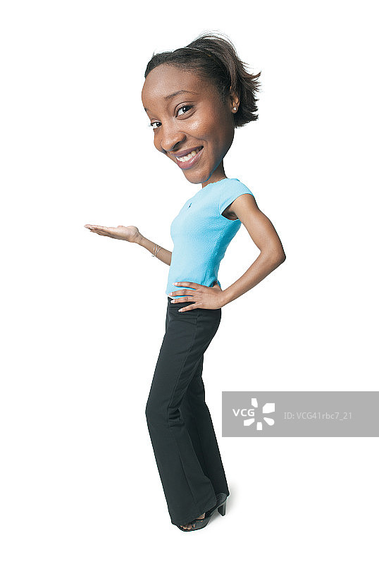 穿着蓝色衬衫的年轻非裔美国女性手势微笑的漫画照片图片素材