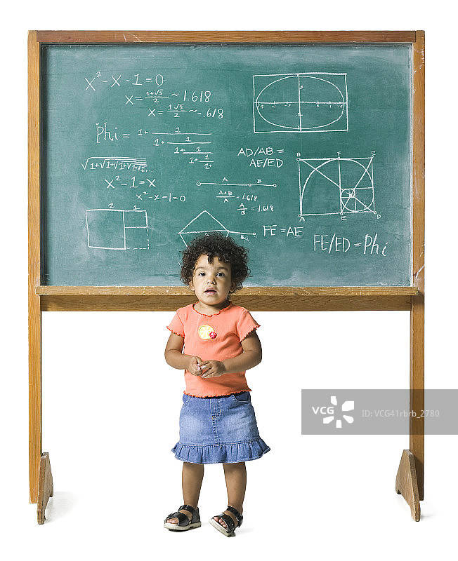黑板前思考问题的女孩概念摄影图片素材