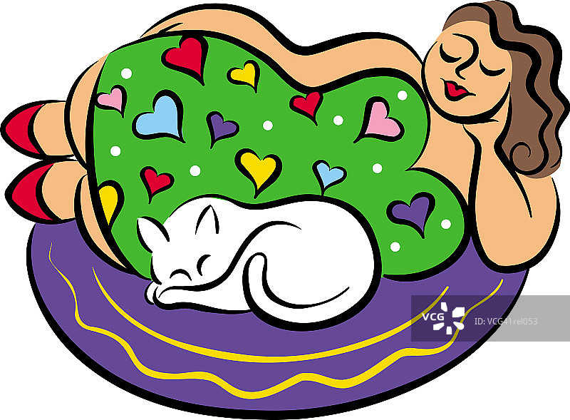 女人和小猫一起躺着图片素材