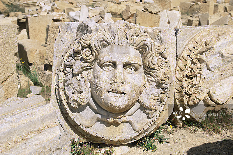 戈耳工头像，塞维鲁论坛，莱波蒂斯马格纳考古遗址，联合国教科文组织世界遗产，的黎波里塔尼亚，利比亚，北非，非洲图片素材