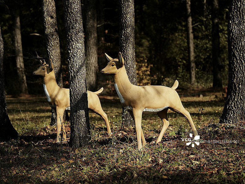 两只站在树林里的塑料鹿图片素材