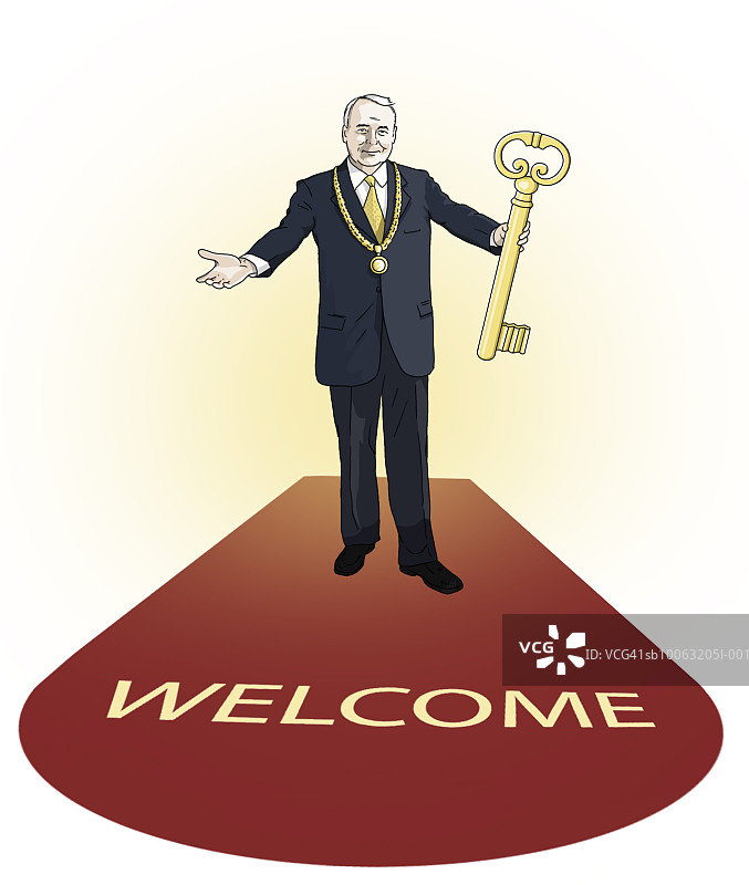 站在带有金色钥匙的“欢迎”地毯上图片素材