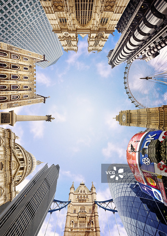 伦敦地标建筑蒙太奇（由下往上看）图片素材