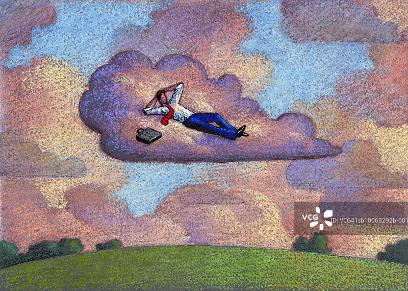 商人斜躺在云端插画图片素材