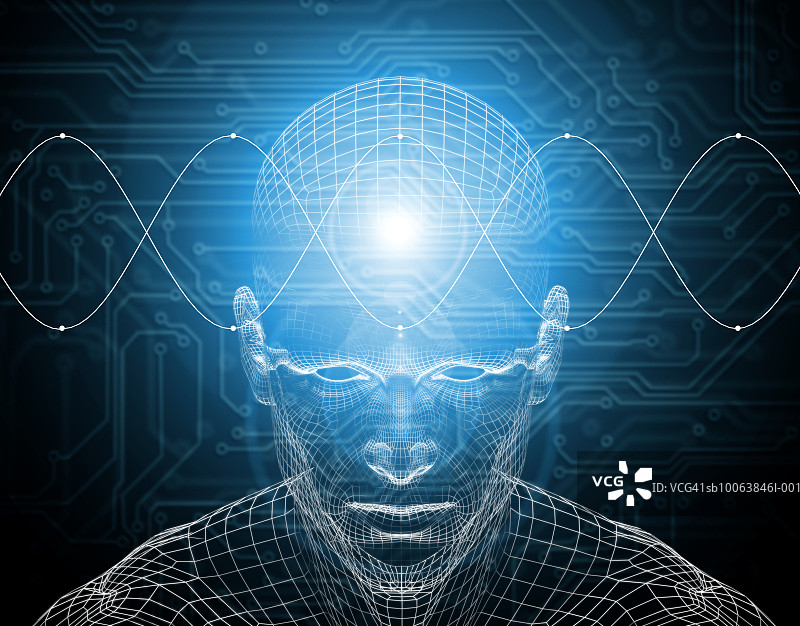 穿过人脑线框的海浪（数字生成）图片素材