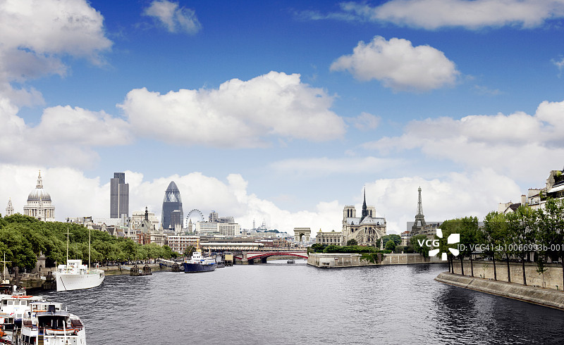 伦敦和巴黎地标的蒙太奇图片素材