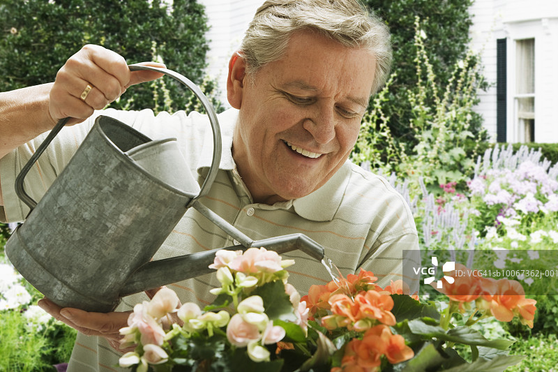 中年男人浇花特写图片素材