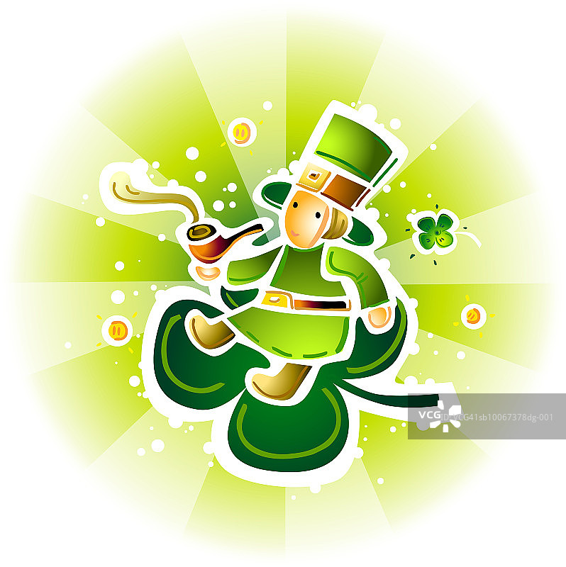 坐在四叶草上抽烟斗的绿矮妖图片素材