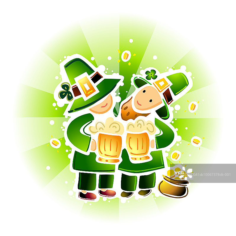 手持啤酒和金罐的圣帕特里克节矮精灵图片素材