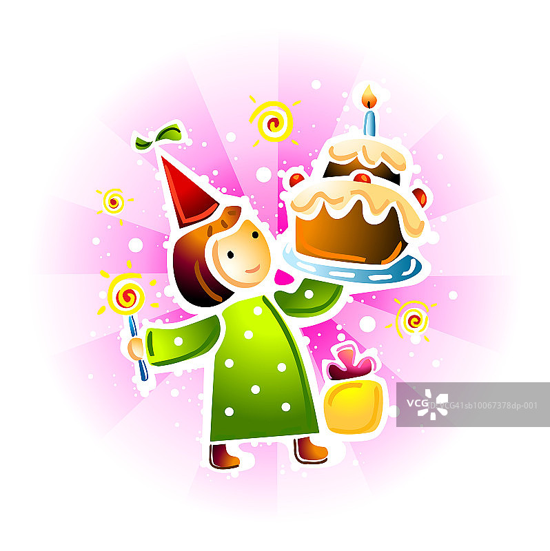 戴派对帽手拿生日蛋糕的女孩图片素材