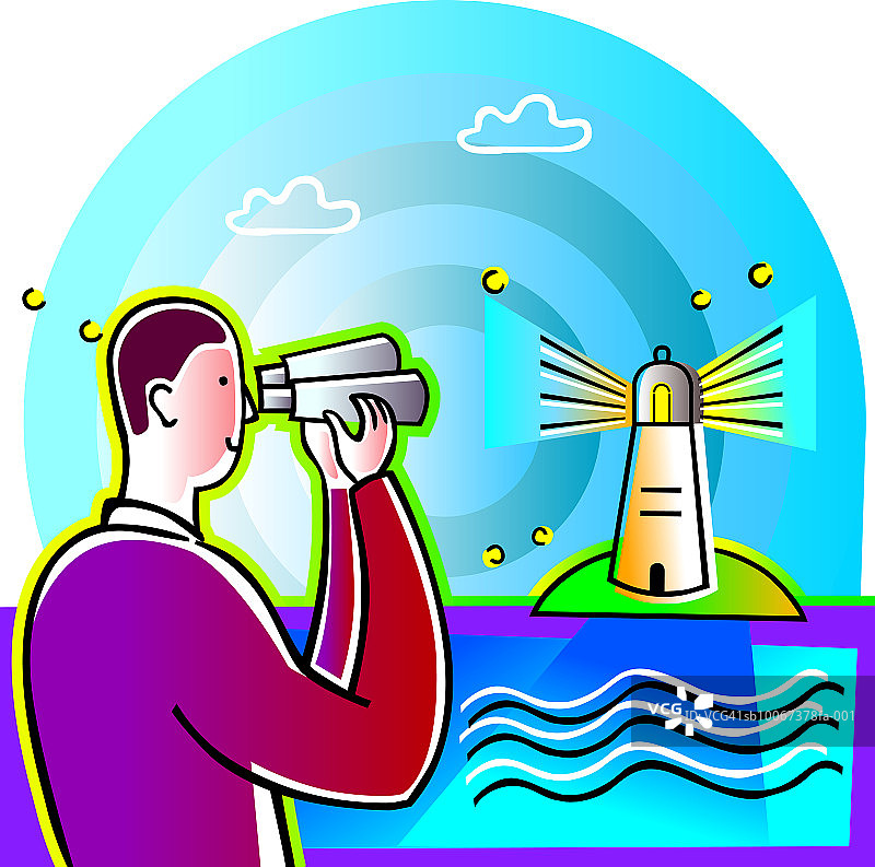 用双筒望远镜看灯塔的男人图片素材