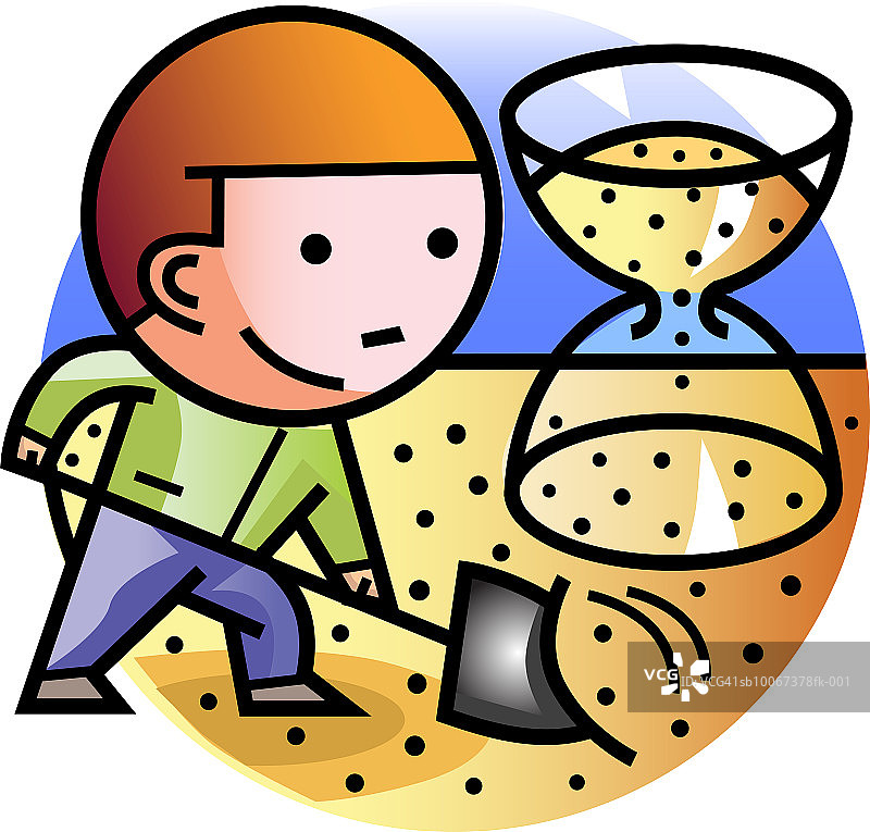 男人用铲子将沙子铲进沙漏图片素材