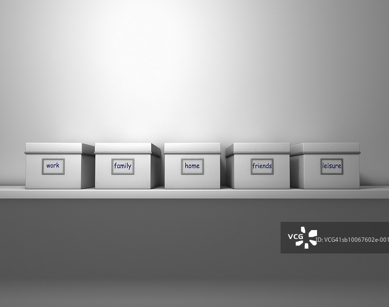 与生活各方面相关的书架上的箱子（数字生成图像）图片素材