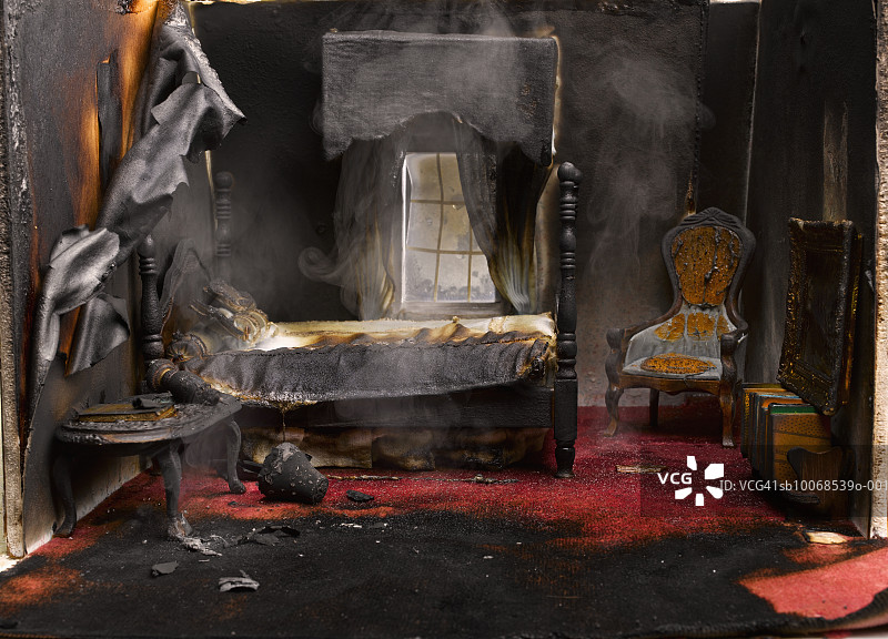 模型屋卧室火灾特写图片素材