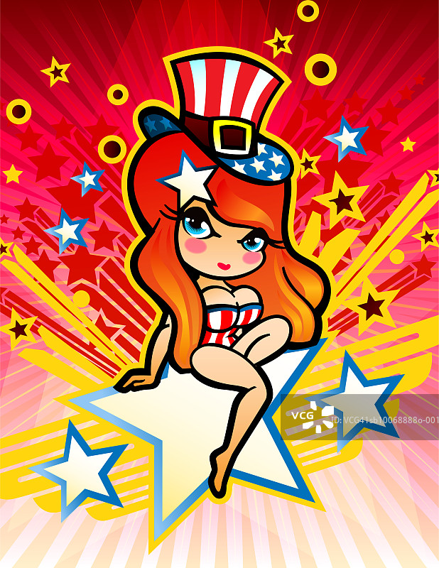 身穿美国条纹服装坐在星星上的女人图片素材