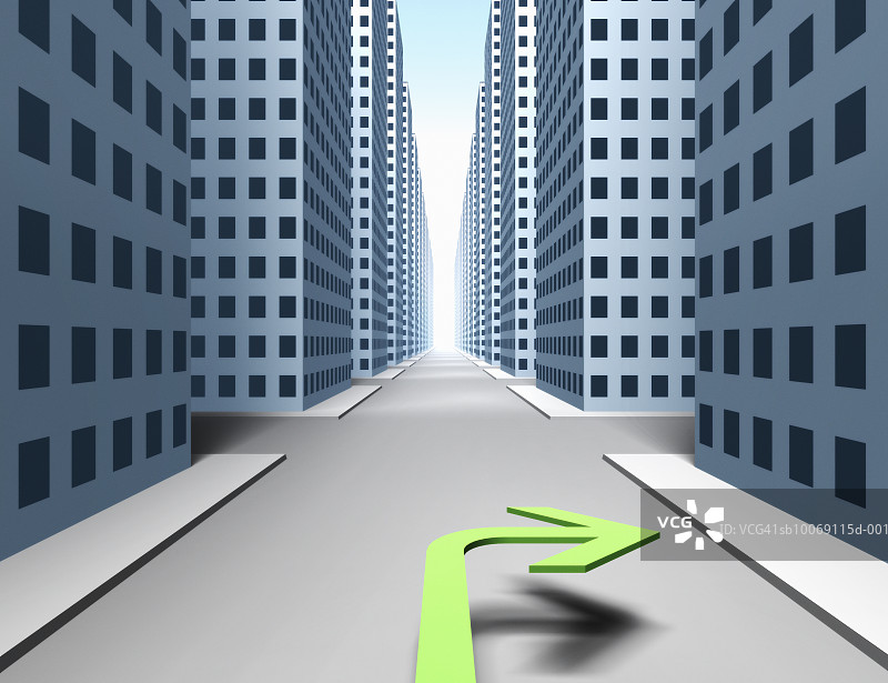 带有绿色右转箭头的城市街道（数字生成）图片素材