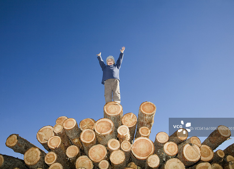 站在大木堆顶部的男孩（6-7岁），低角度拍摄图片素材