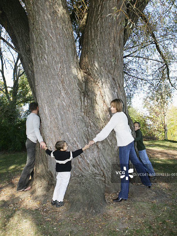 父母和儿子(4-7岁)手牵手在树旁图片素材