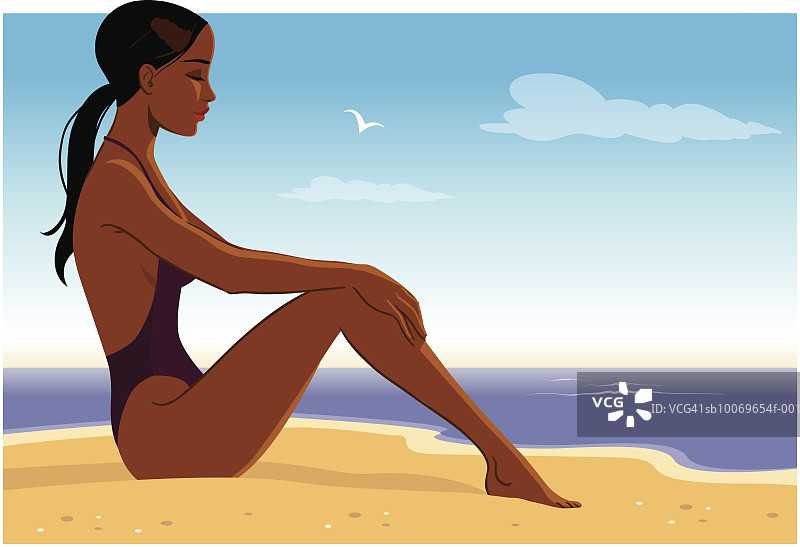 在海滩上的年轻女子的侧面像图片素材