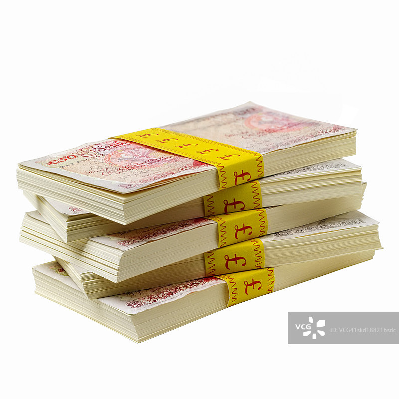 一叠50英镑纸币的特写图片素材