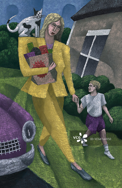 带着孩子和猫行走的女人图片素材