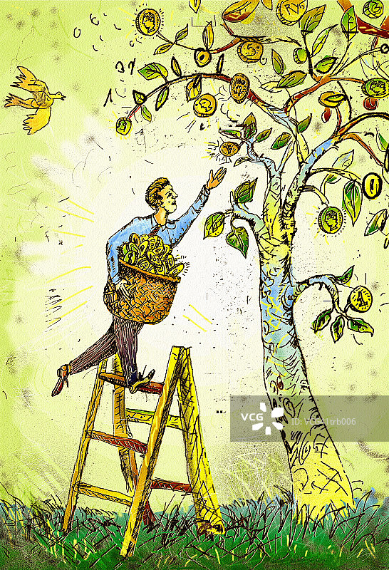 男子从树上摘硬币图片素材