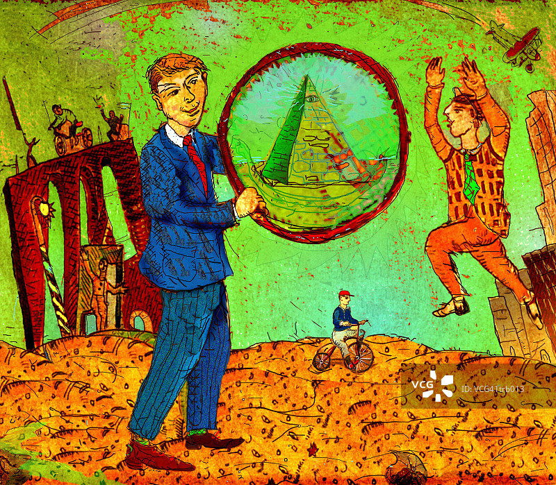 拿着铁环和金字塔的男人图片素材