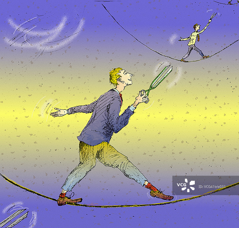男人们在走钢丝，拿着剪刀图片素材