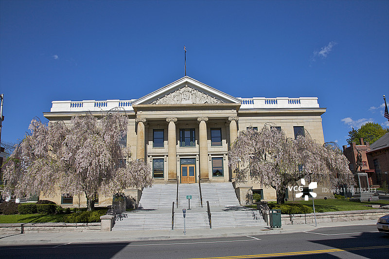 古典建筑前盛开的树木图片素材