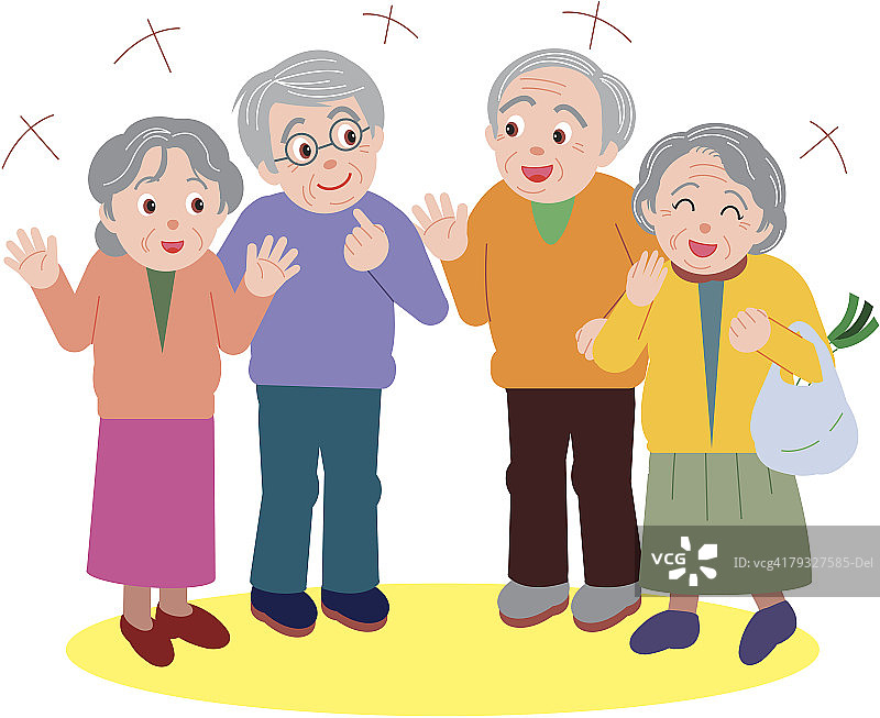 老年人交谈并肩站立，正面视角图片素材