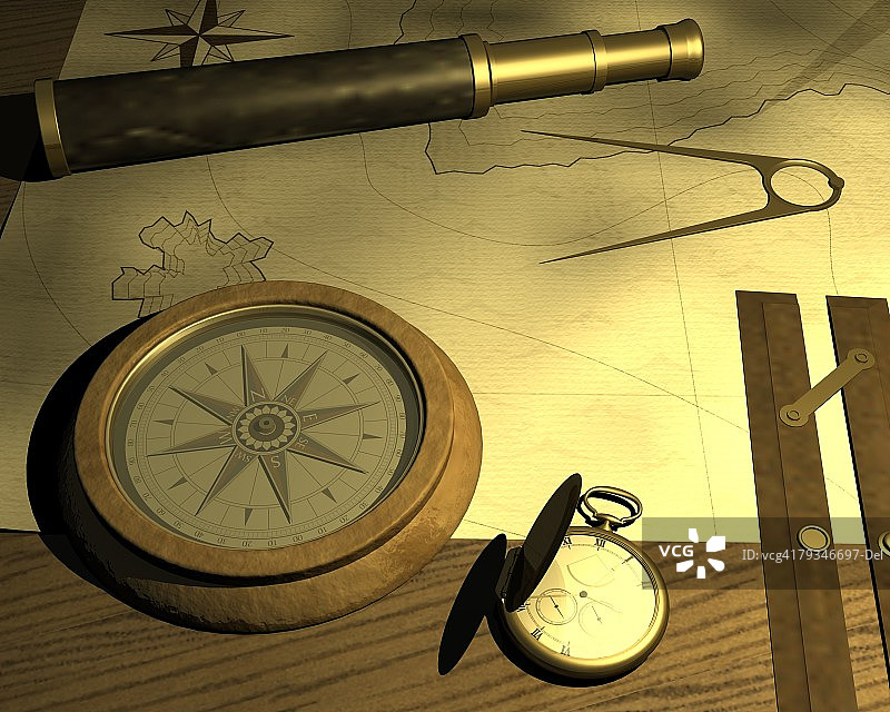 地图和指南针，插图，CG，3D，特写，高角度视图图片素材