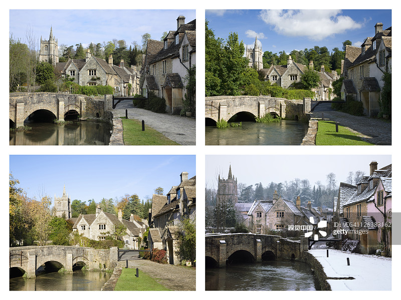 威尔特郡四季的卡斯尔库姆村。卡斯尔库姆一直被称为“英格兰最美丽的村庄”，至少一个世纪以来，游客一直来欣赏它的魅力。图片素材