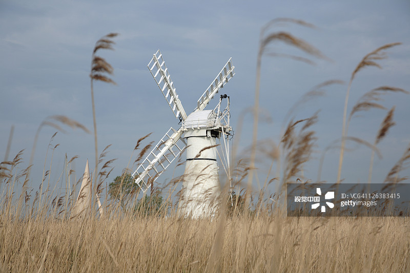 从诺福克郡布罗兹国家公园附近的芦苇床看到的瑟恩堤坝排水磨坊图片素材