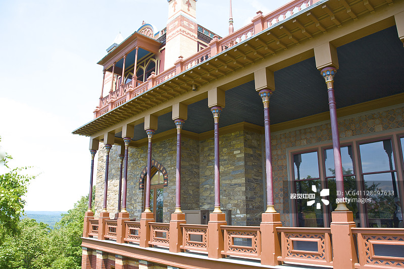 门廊在Olana，家，工作室和哈德逊河学校艺术家，Frederick Church，哈德逊，哥伦比亚县，纽约图片素材