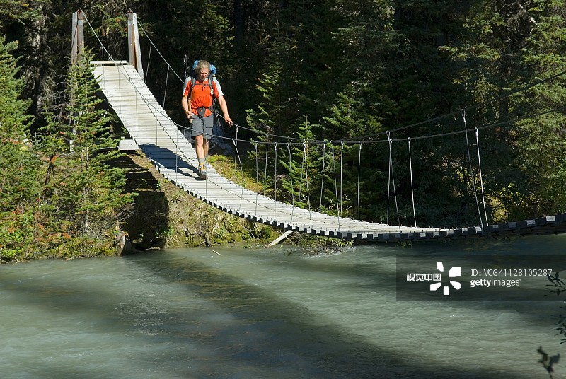 徒步者穿越加拿大不列颠哥伦比亚省库特尼国家公园头盔溪上的吊桥图片素材