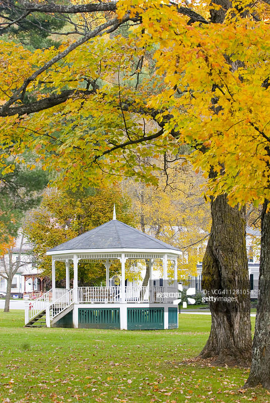 美国佛蒙特州罗切斯特村绿色草地上的乐队看台图片素材