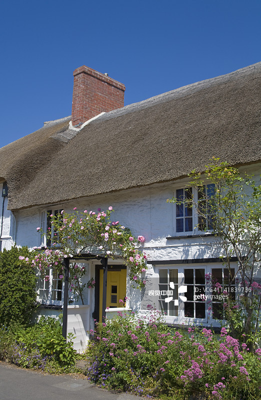 英国多塞特伯顿布拉德斯托克的茅草小屋图片素材