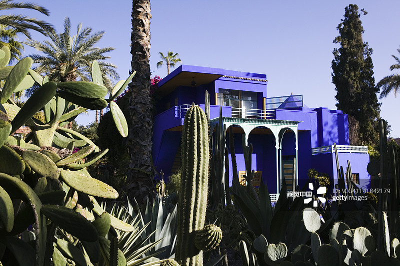 摩洛哥马拉喀什马若雷勒花园和伊斯兰艺术博物馆，原雅克·马若雷勒画家别墅，现为伊夫·圣·洛朗所有，别墅外观图片素材