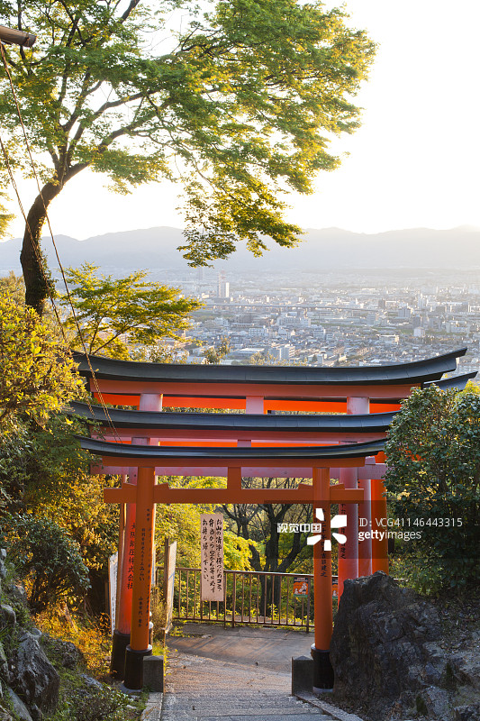 伏见稻荷大社的鸟居与城市景观图片素材