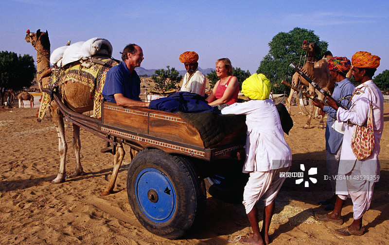 斋浦尔骆驼节上乘坐骆驼车的游客和当地人图片素材