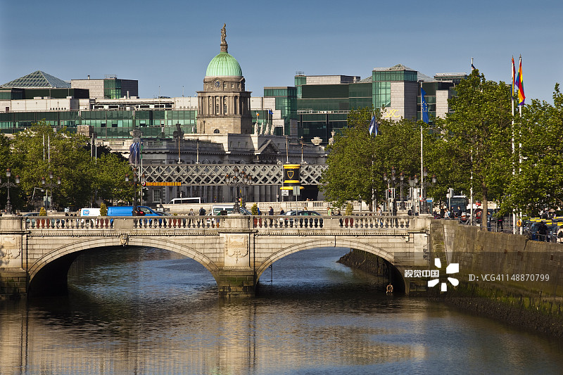 沿利菲河眺望奥康奈尔桥、海关大楼和国际金融服务中心图片素材