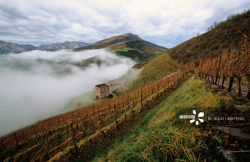 房屋、葡萄园和薄雾笼罩的山谷俯视图，Domaine Brana Iroulegy图片素材