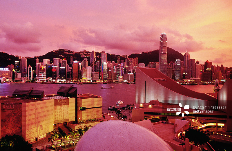 香港岛天际线、维多利亚港、艺术馆、太空馆和尖沙咀文化中心日落景色图片素材