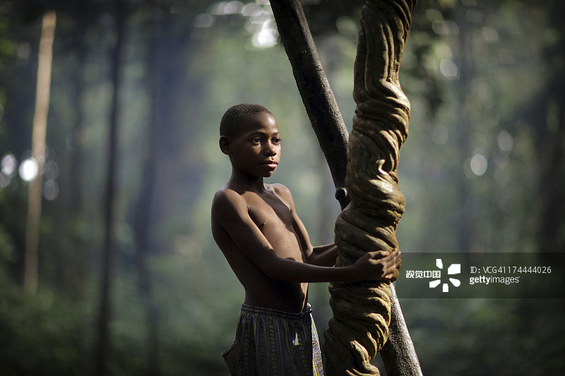 抓住丛林树木的部落男孩图片素材