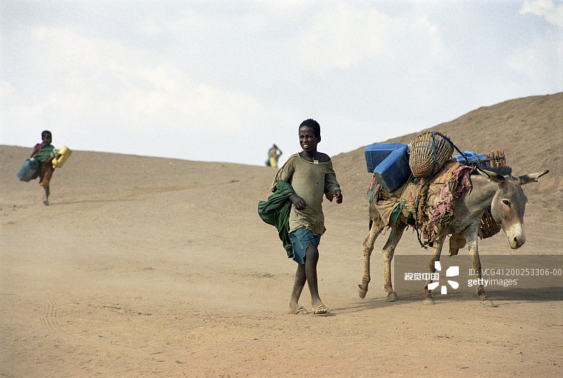 男孩和驴在埃塞俄比亚戈代沙漠地区走向水坑图片素材