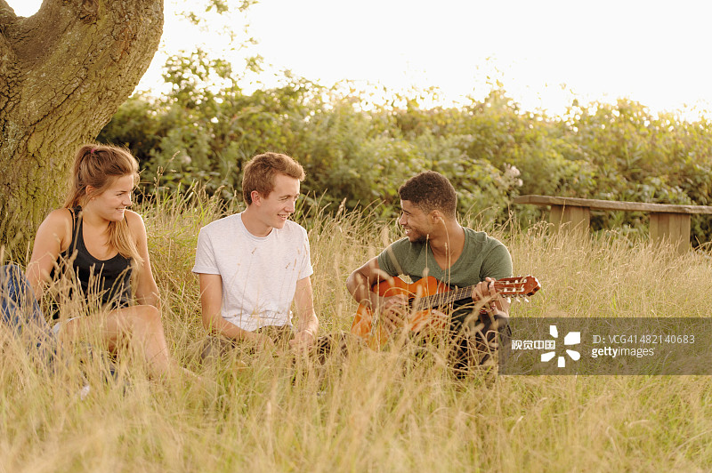 朋友们在高高的草丛里弹吉他图片素材