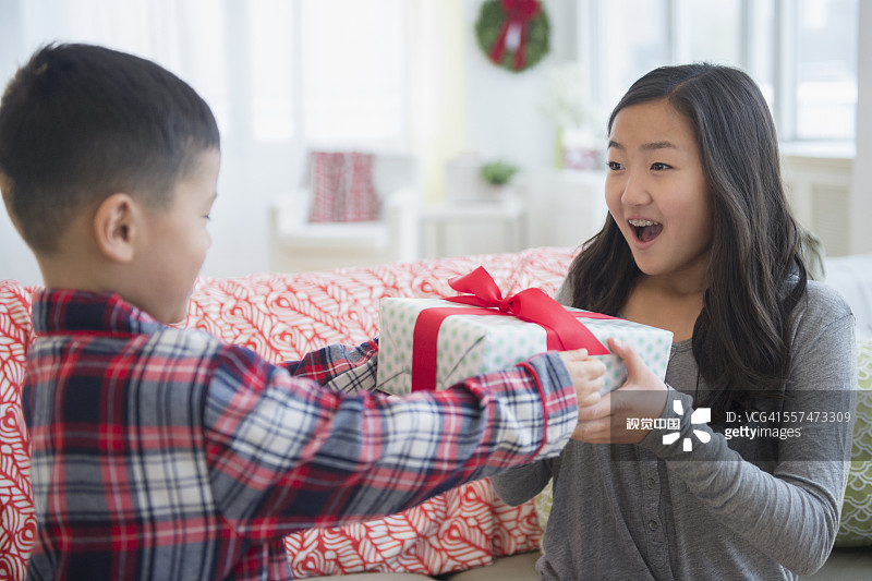 哥哥在客厅里给妹妹圣诞礼物图片素材