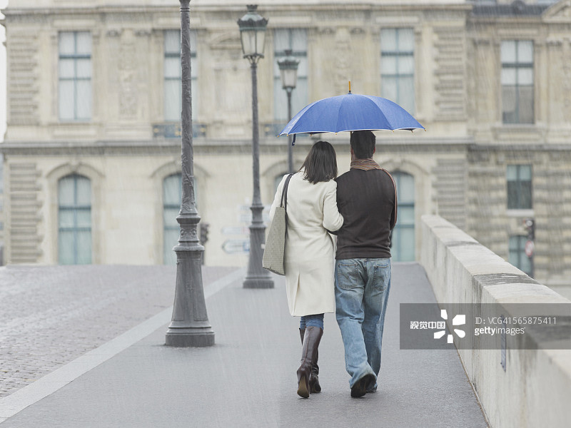 白人夫妇在城市桥上雨中撑伞行走图片素材