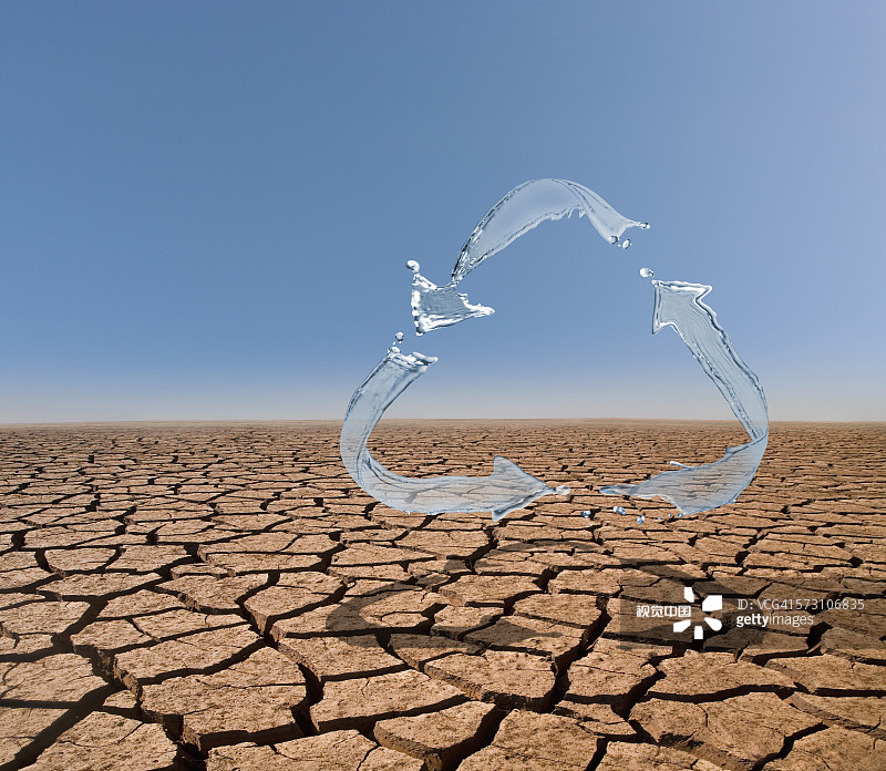 在干燥的沙漠景观上，回收标志中的水花飞溅图片素材